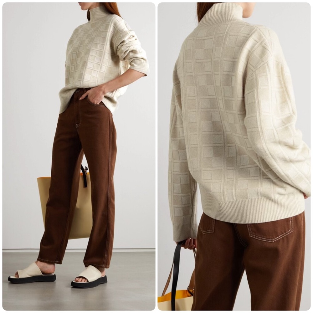 Zankov Tilly Oversized Merino Wool Jacquard Mock Neck Sweater Cream Sz Medium